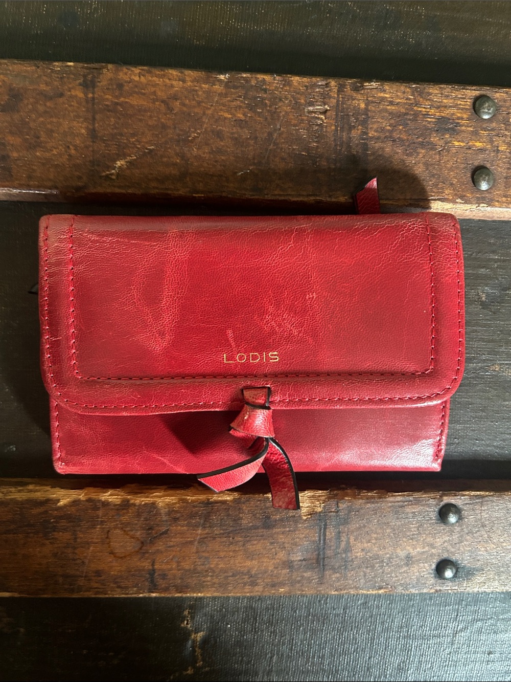 Lodis Red Leather Flap Wallet with Front Tie